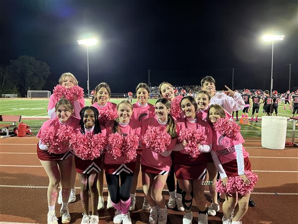 Cheerleading team holds pink poms for the pink out game